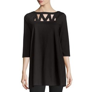 Joan Vass Black 3/4 Sleeve Boat Neck Cut Out Yoke Tunic S
